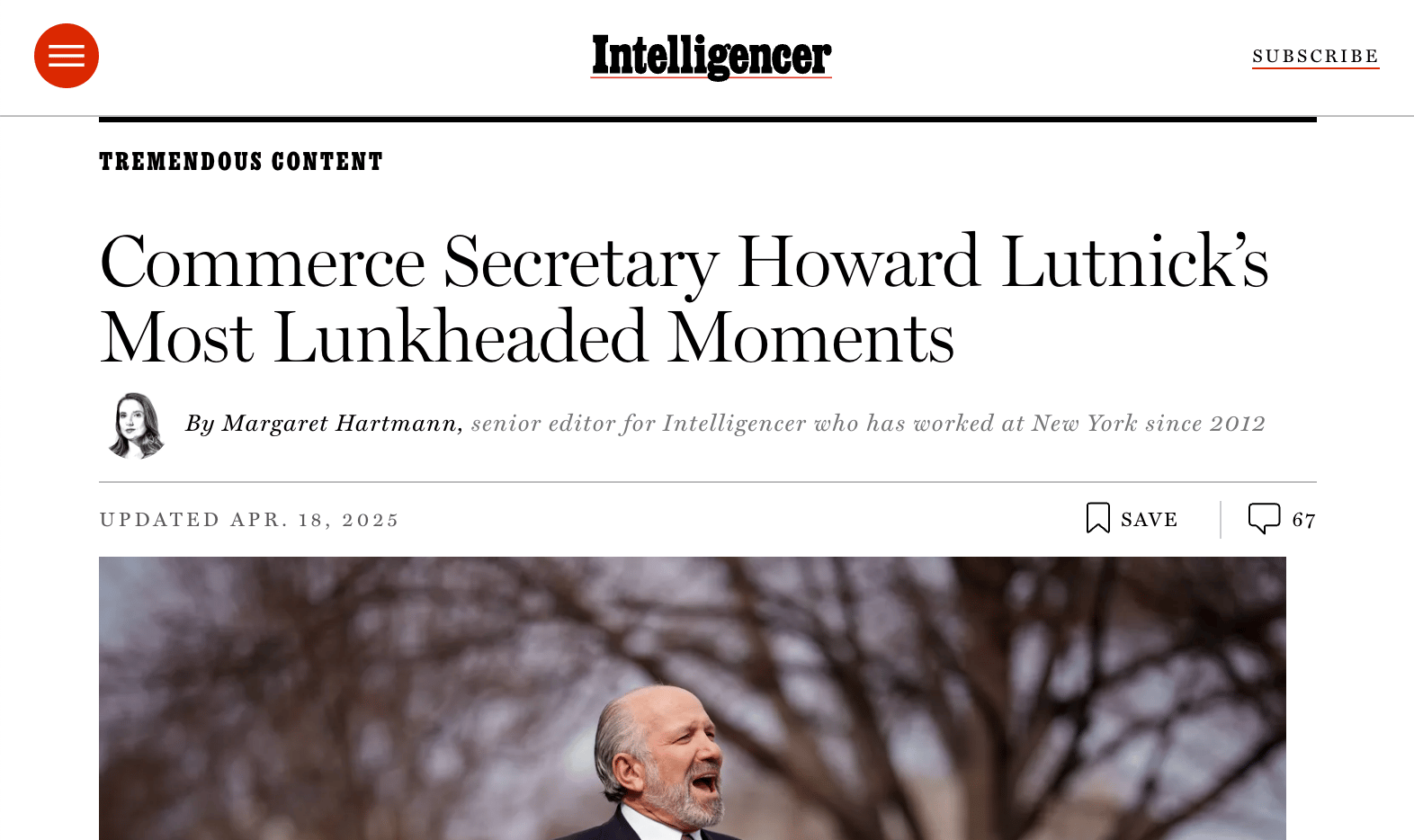 Headline of Intelligencer Lutnick's Most Lunkheaded Moments