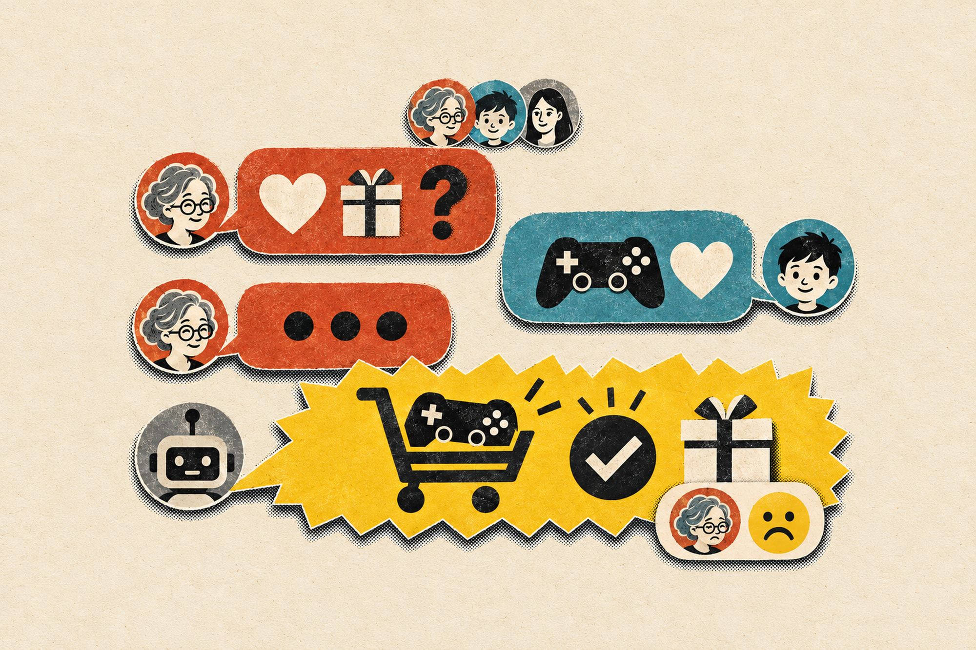Illustrated chat bubbles: a grandmother and grandson trade hearts and gift ideas while an AI assistant checks out a game controller, leaving the grandmother frowning