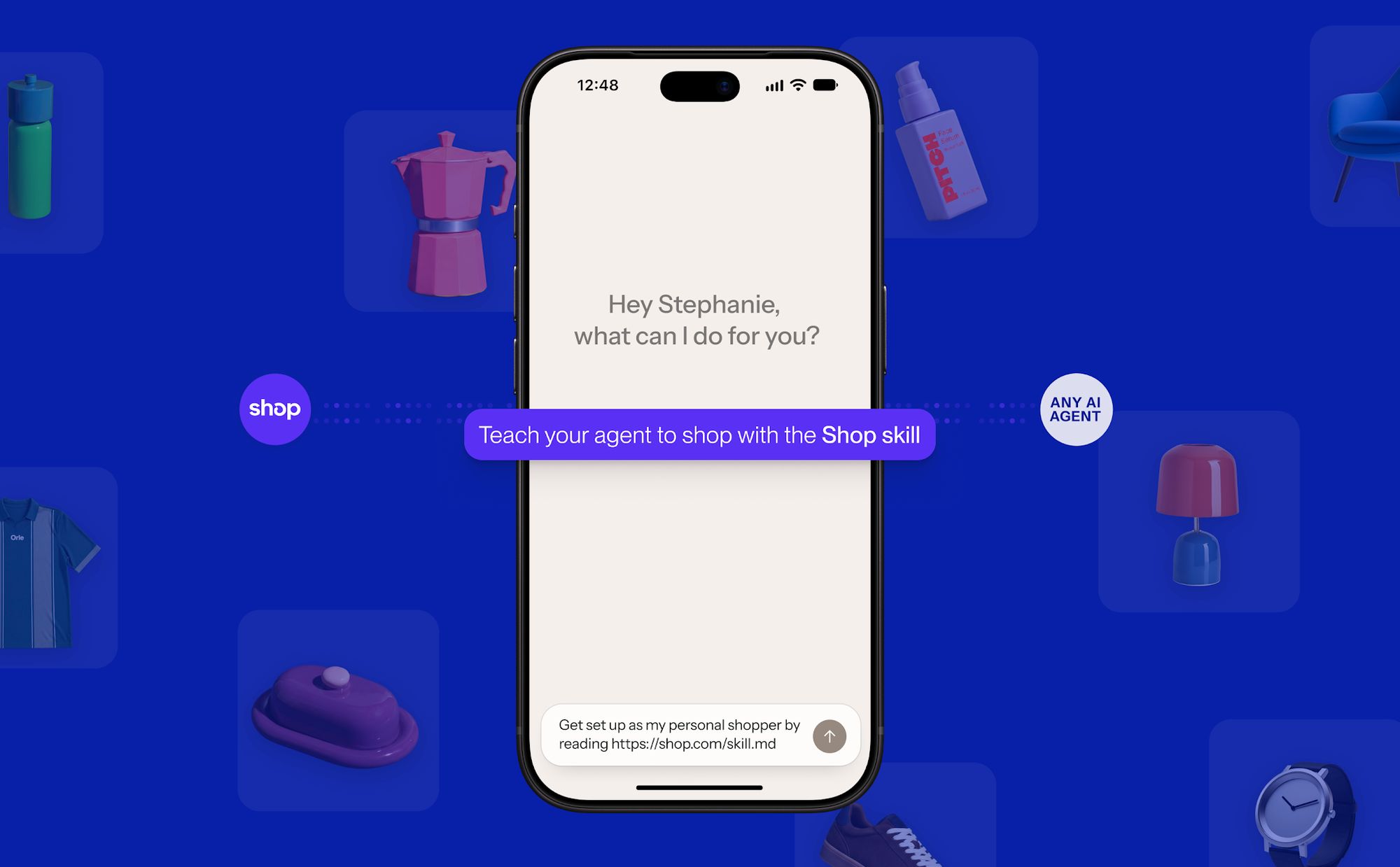 Phone showing an AI agent chat asked to read shop.com/skill.md and act as a personal shopper.