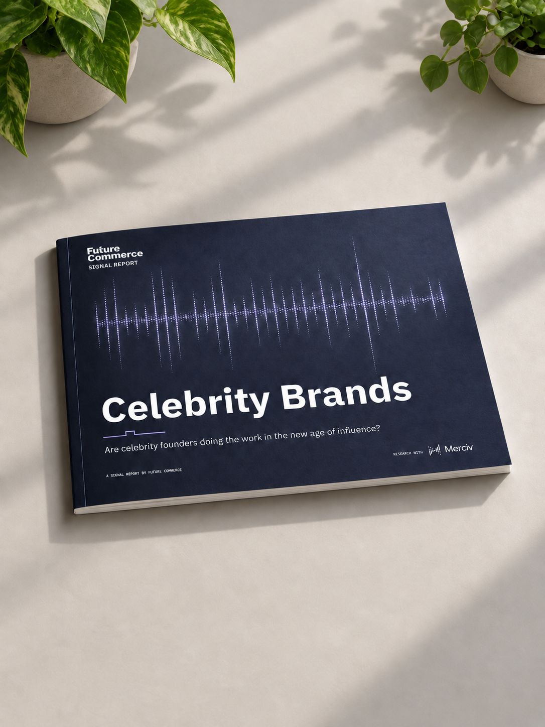 Celebrity Brands report on a sunlit desk with plants