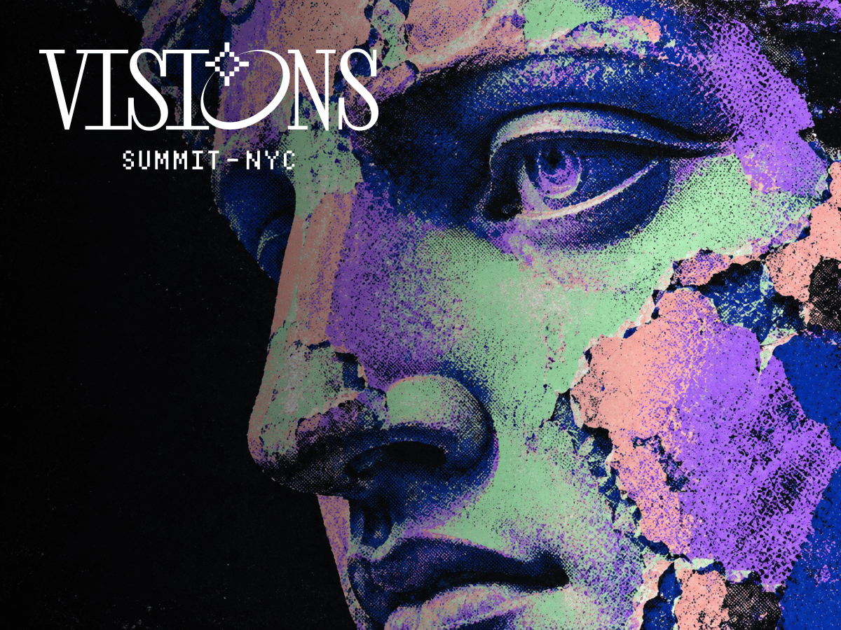 VISIONS wordmark over a classical statue in lavender, mint, and coral.